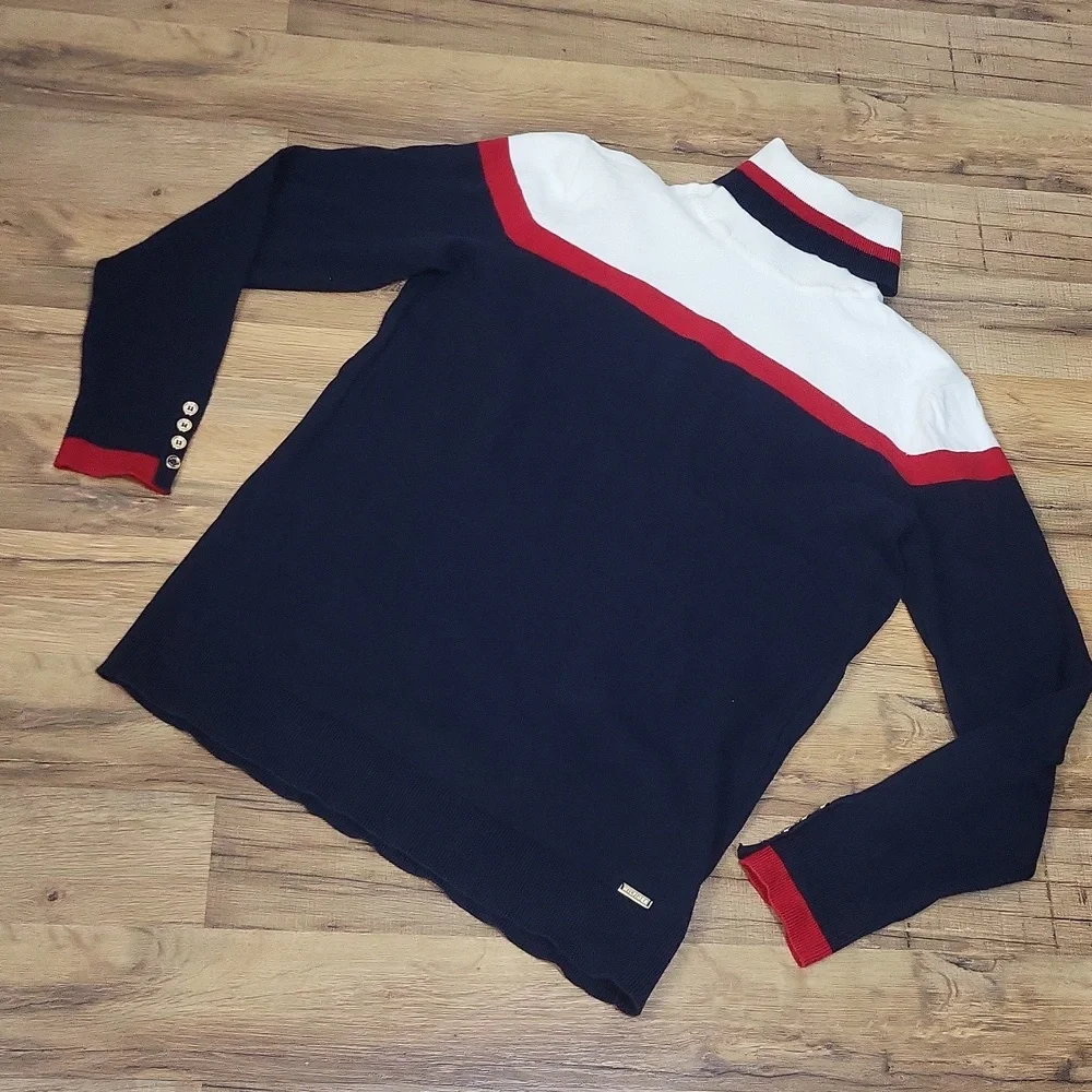 TOMMY HILFIGER Red White Blue Colorblock Silver Button Turtleneck Sweater